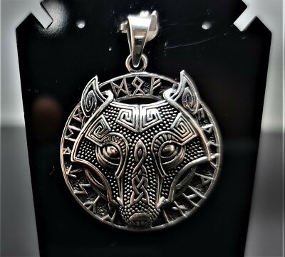 Fenrir Wolf Pendant STERLING SILVER 925 Sacred Runes Celtic Amulet Viking Runic