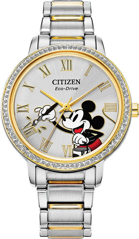 Pre-owned Citizen Eco-drive Ladies' Mickey Mouse Crystal Watch, Two Tone Gold Stainless St