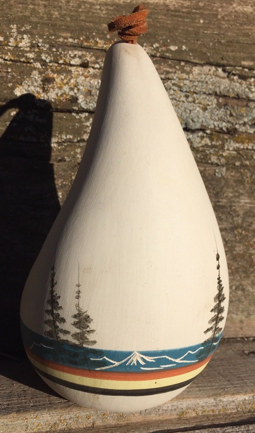 Pottery Bird Feeder, Handpainted Pacific Northwest Theme, Leather Hanger Loop