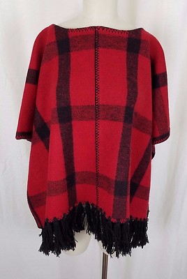LRL Ralph Lauren Red Buffalo Plaid Wool Woven Cape Stadium Blanket Womens S M