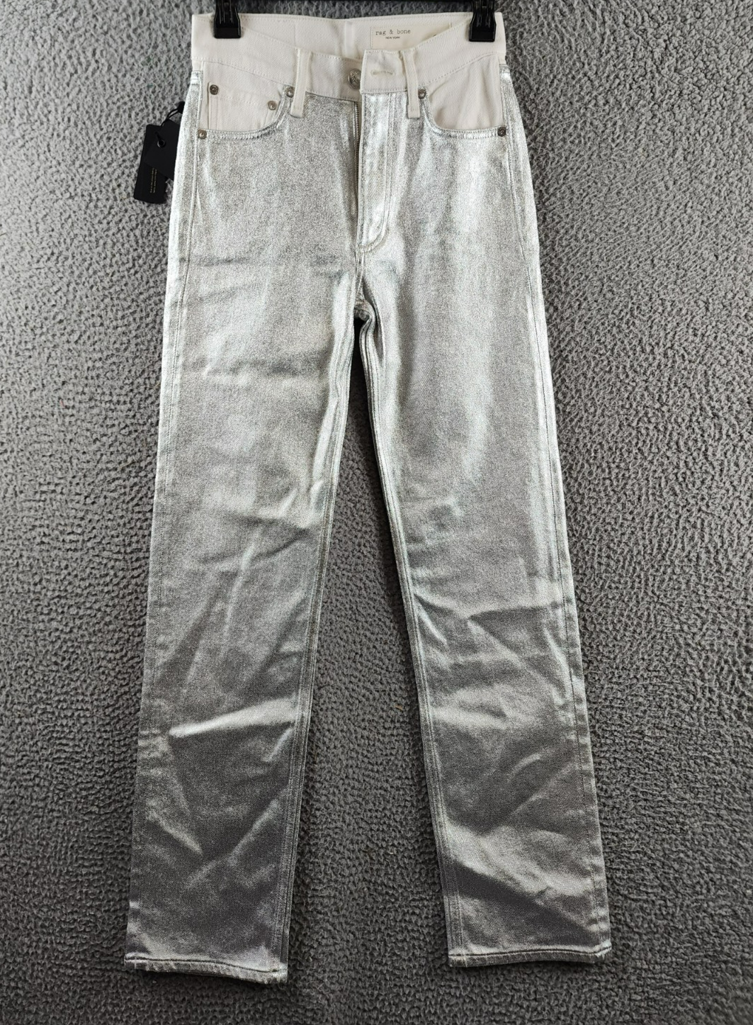 rag & bone Harlow High Rise Straight Jeans Women's 23 Coated Silver Button Zip - Picture 2 of 15