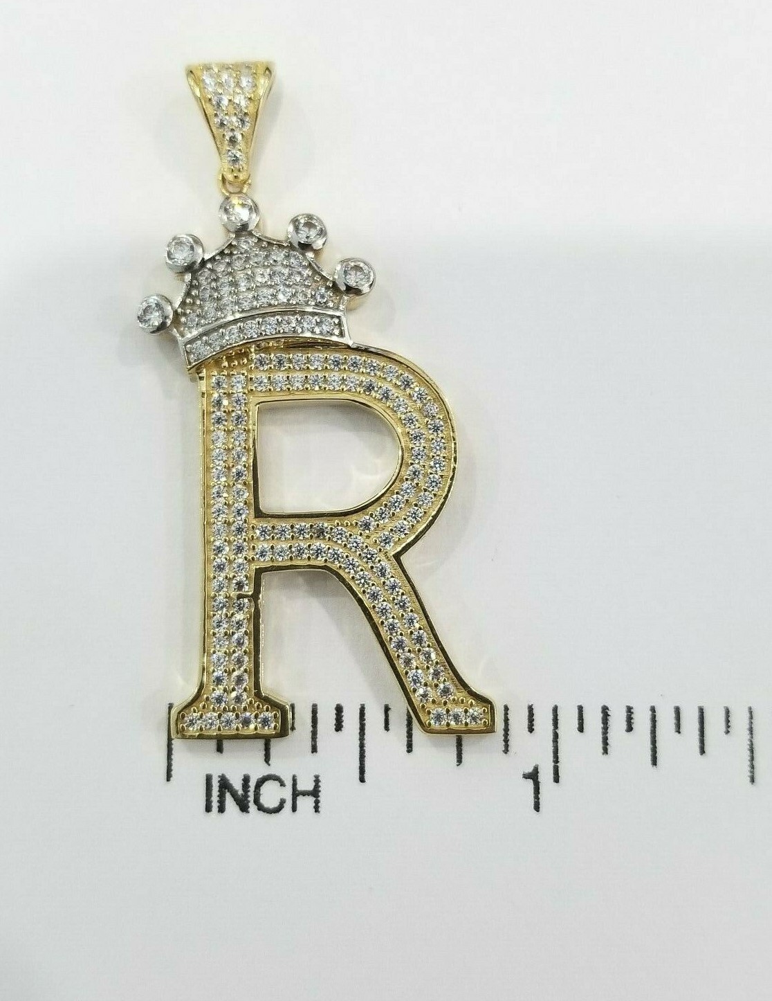Pre-owned Crown 14k Unisex Yellow Gold  Initial Alphabet Letter R Pendant Charm King Cz
