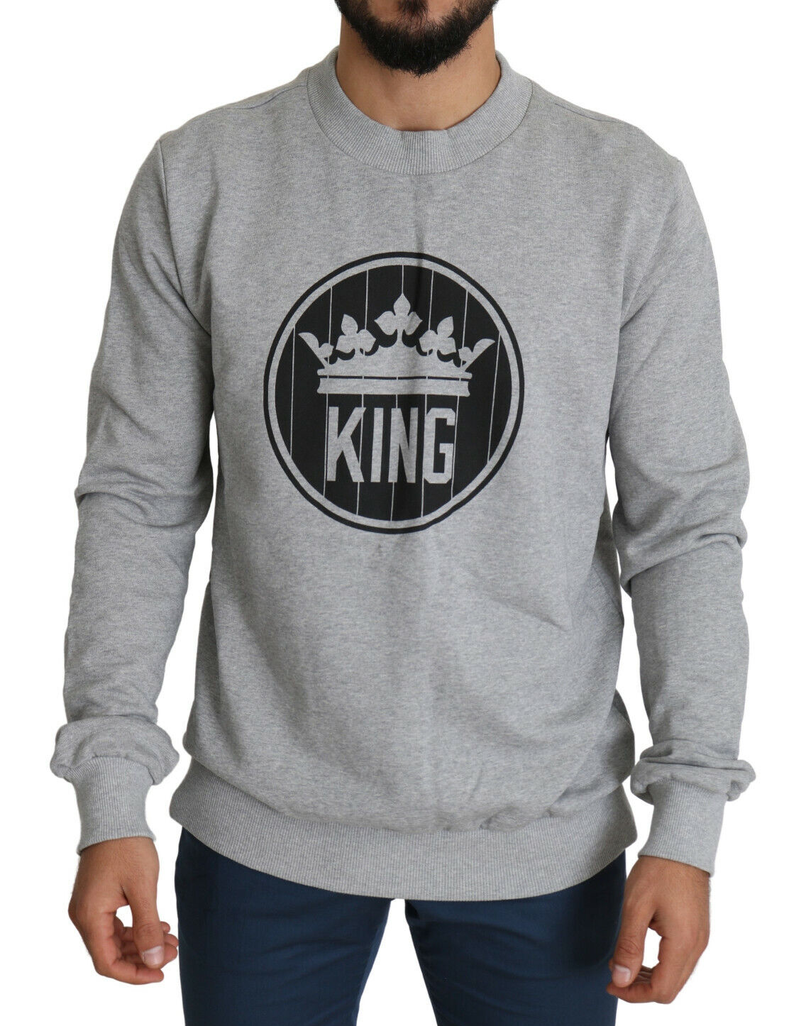 DOLCE & GABBANA Свитер Серый хлопковый пуловер с принтом Crown King IT52/US42/XL