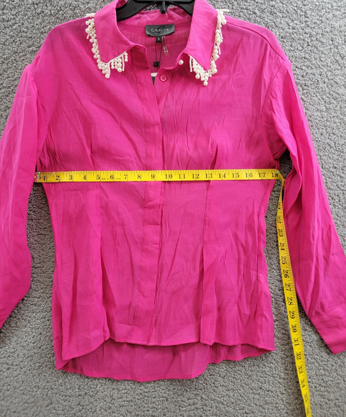 Gracia Faux Peal Trim Collar Top Women's S Fuchsia Button Front Placket L/S - Picture 6 of 14