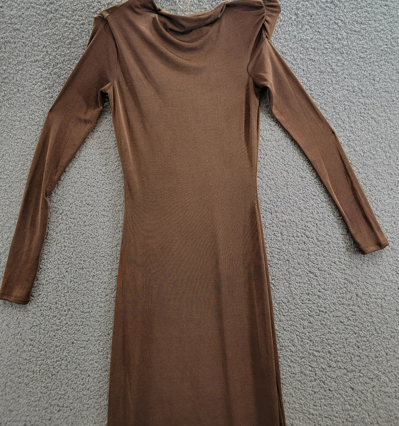 WAYF Everly Midi Dress Women's XS Brown Asymmetric Drape Neck Ruched Pullover - Picture 3 of 13