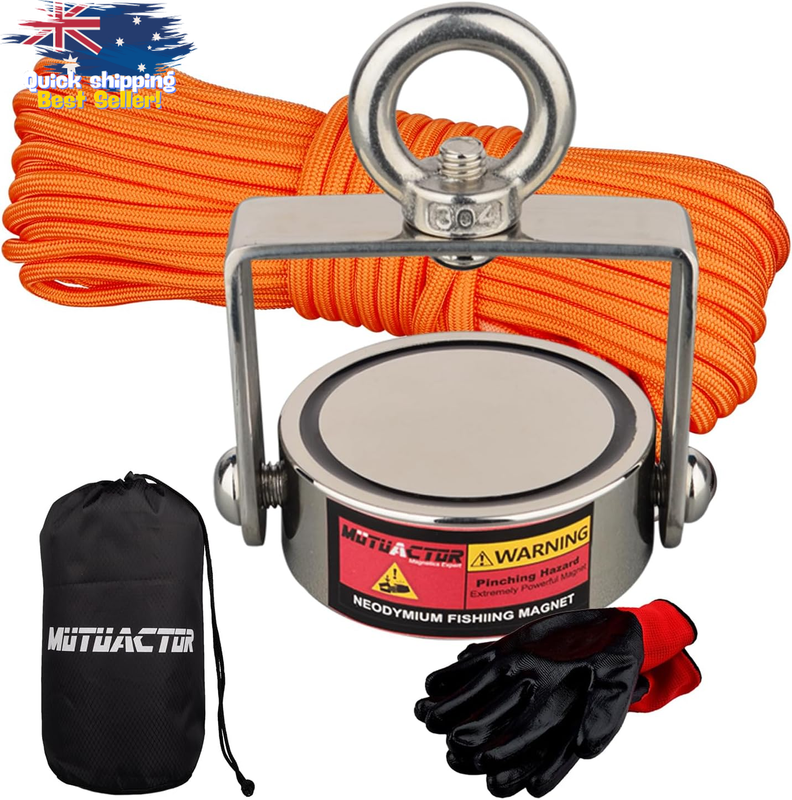 Double Sided Magnet Fishing Kit 550lb Neodymium +65Ft Rope Gloves Bag