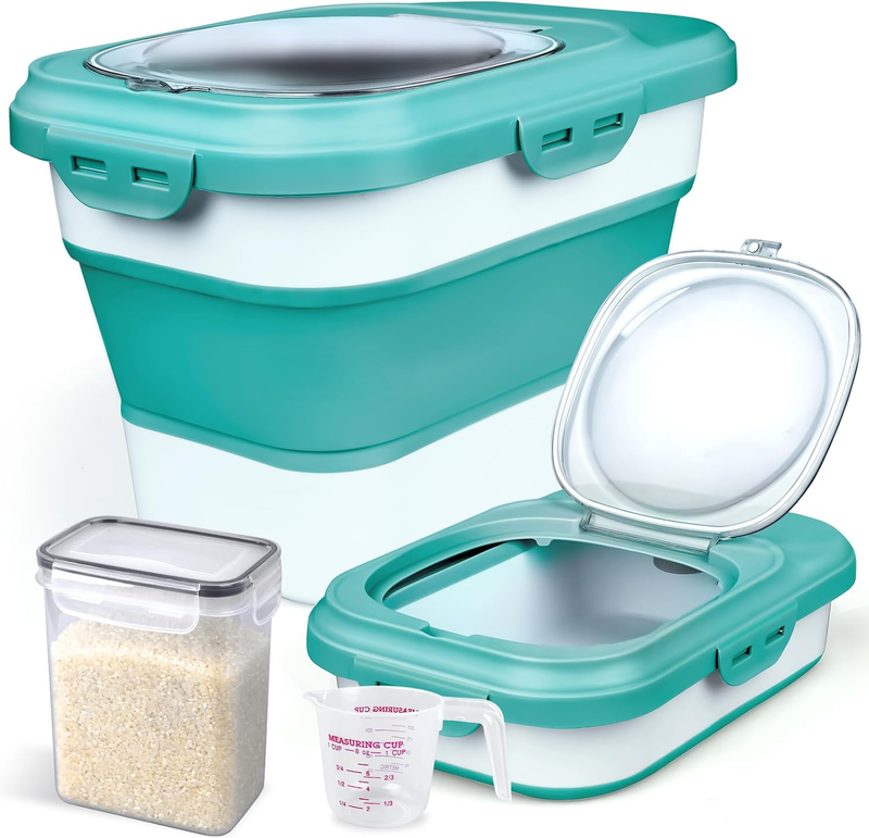 Rice Dispenser Container Collapsible Airtight 20 Lbs Measuring Cup Cereal Flour