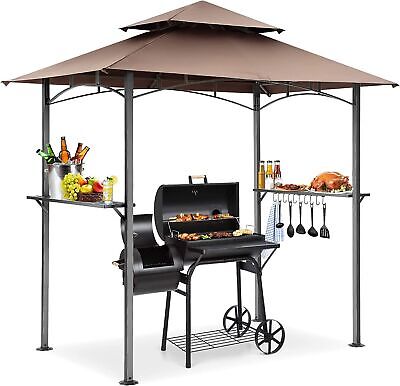 Gazebo Steel Outdoor Grill Pergola Hard Top Canopy Waterproof BBQ Tent w/ Lights