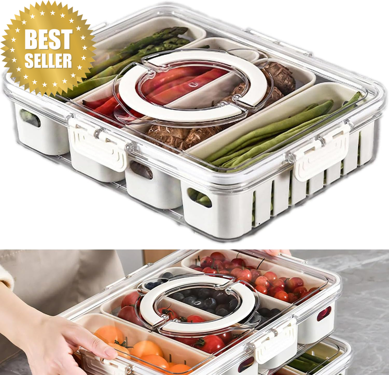 Divided Serving Tray Snack Platter Container with Lid & Handle, Stackable Snackl