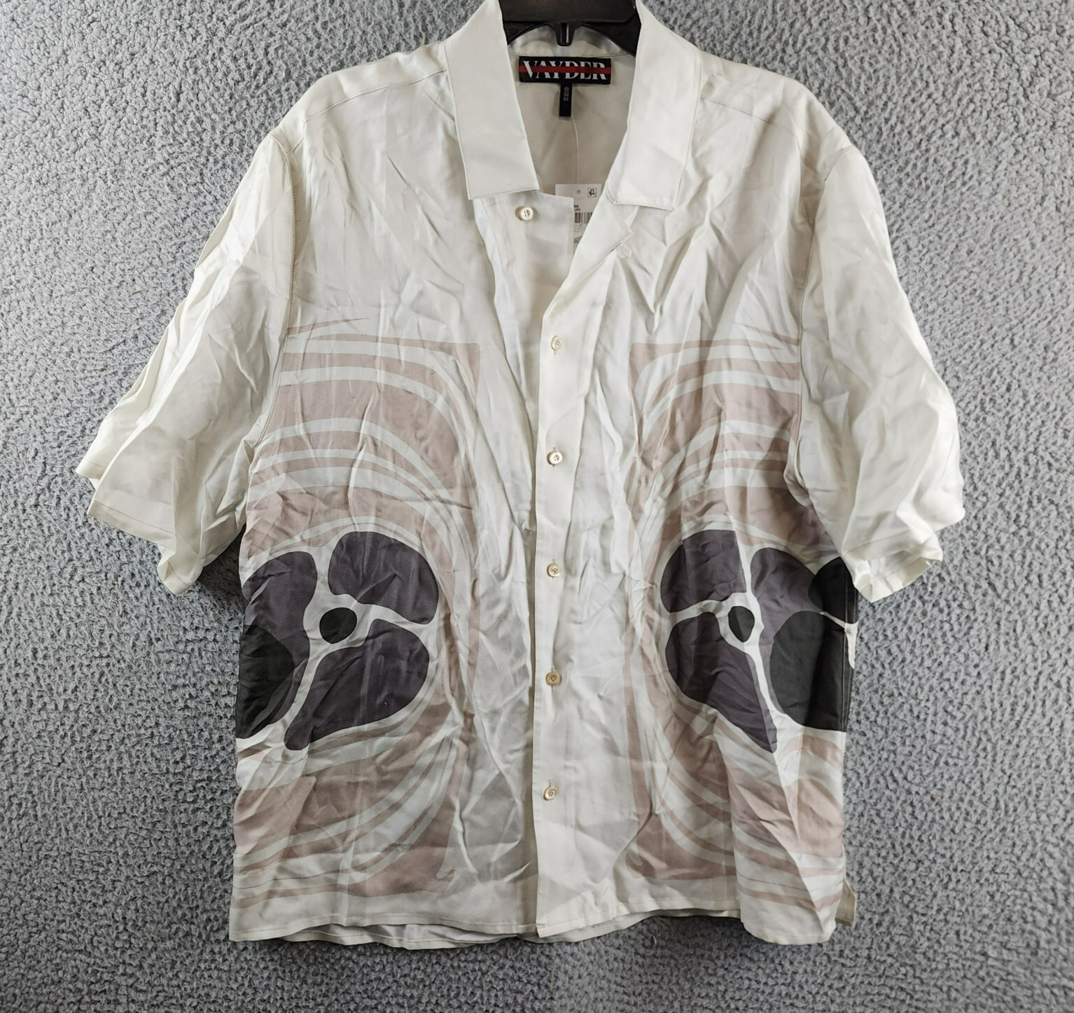 VAYDER Montague Regular Fit Silk Blend Cuban Shirt Men's L Silver Taupe Printed - Picture 2 of 15