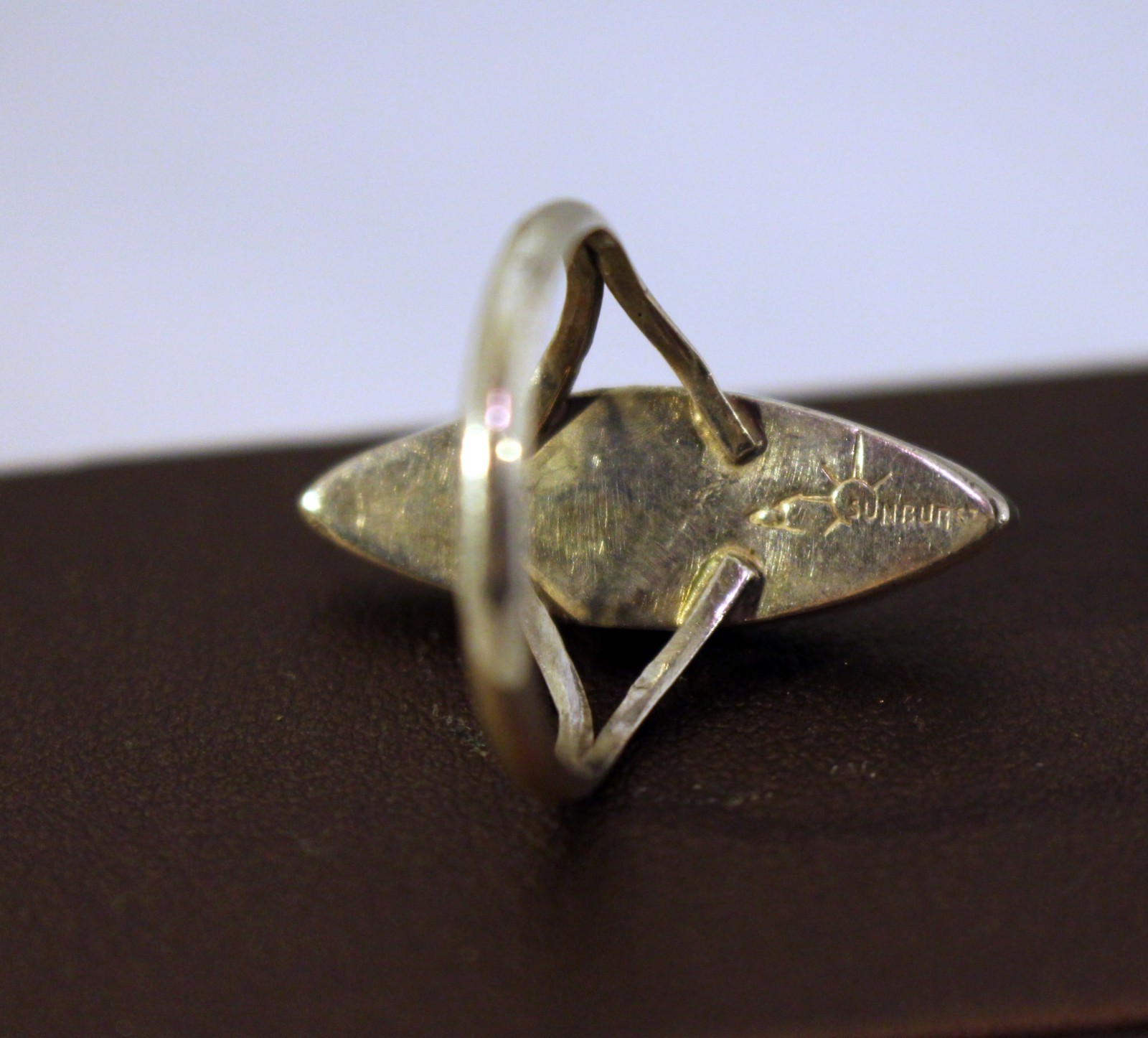Mother of Pearl Marquis Ring Inlay Sterling Silver Signed Sunburst 7.5