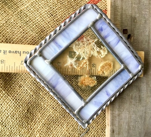 VTG Lead Stained Glass Dried Flower Sun Catcher Hang Purple Handmade Bevel 7