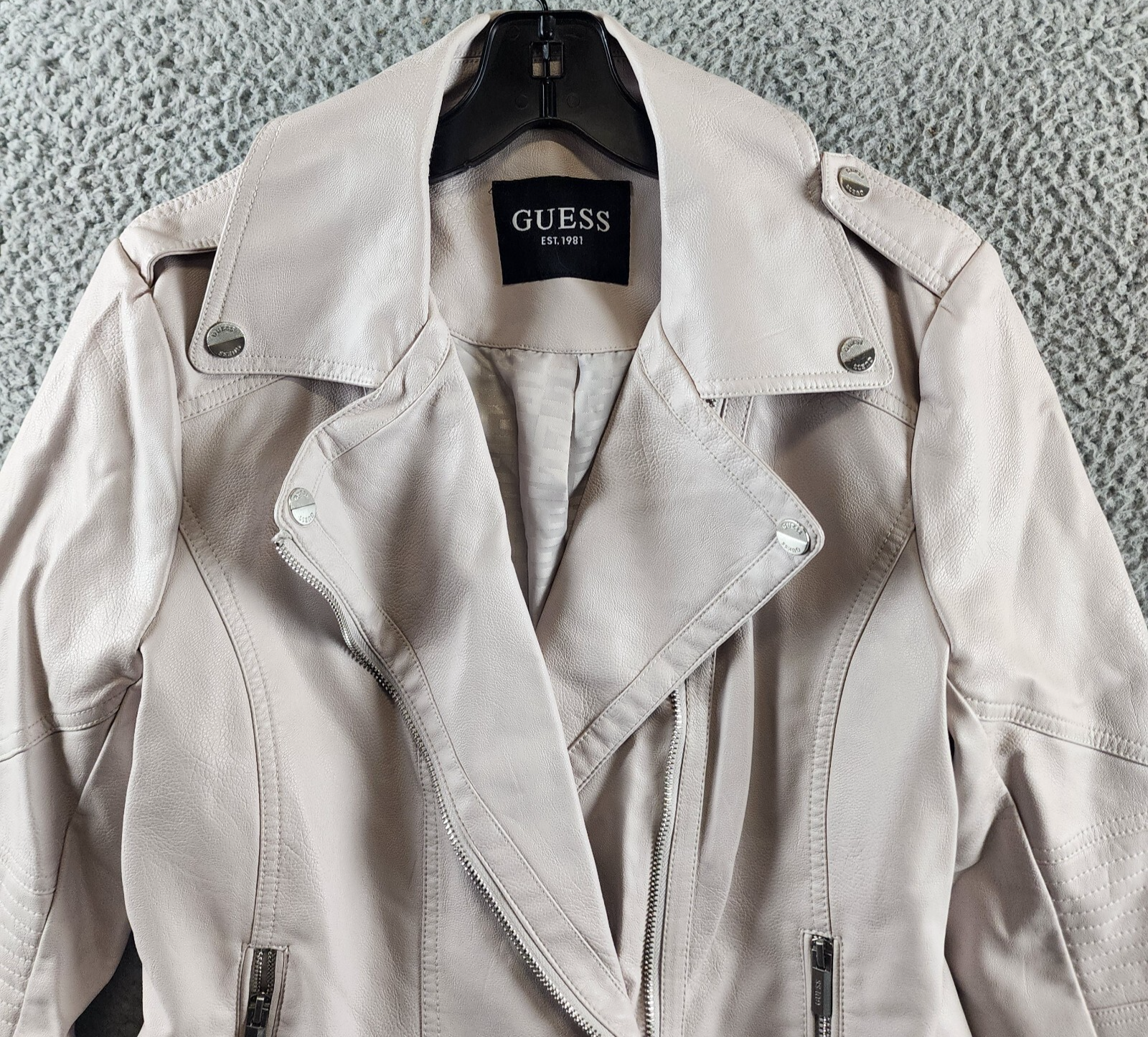 Guess Faux Leather Jacket Women's L Stone Notch Collar Zip Front Closure L/S~ - Picture 5 of 16