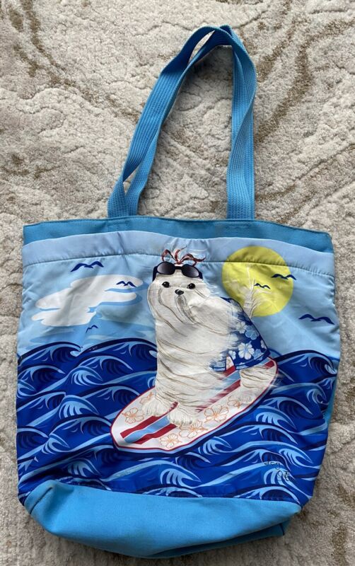 Large Beach Tote Bag With Hand Painted Maltese Dog - Divided With 2 Sections