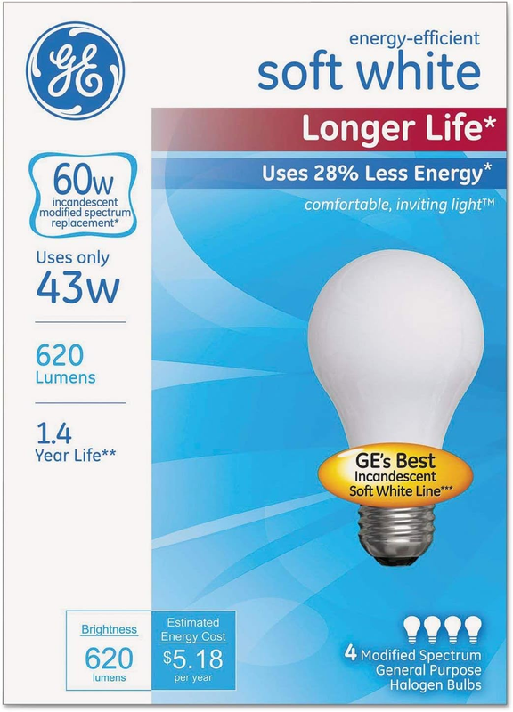(8 Pack) GE 70286 Halogen Bulb, A19, 43W Soft White 620 Lume
