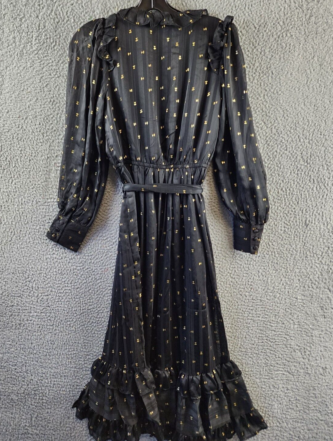 AQUA Ruffle Trim Clip Dot Midi Wrap Dress Women's XS Black/Gold Long Sleeve - Picture 12 of 14