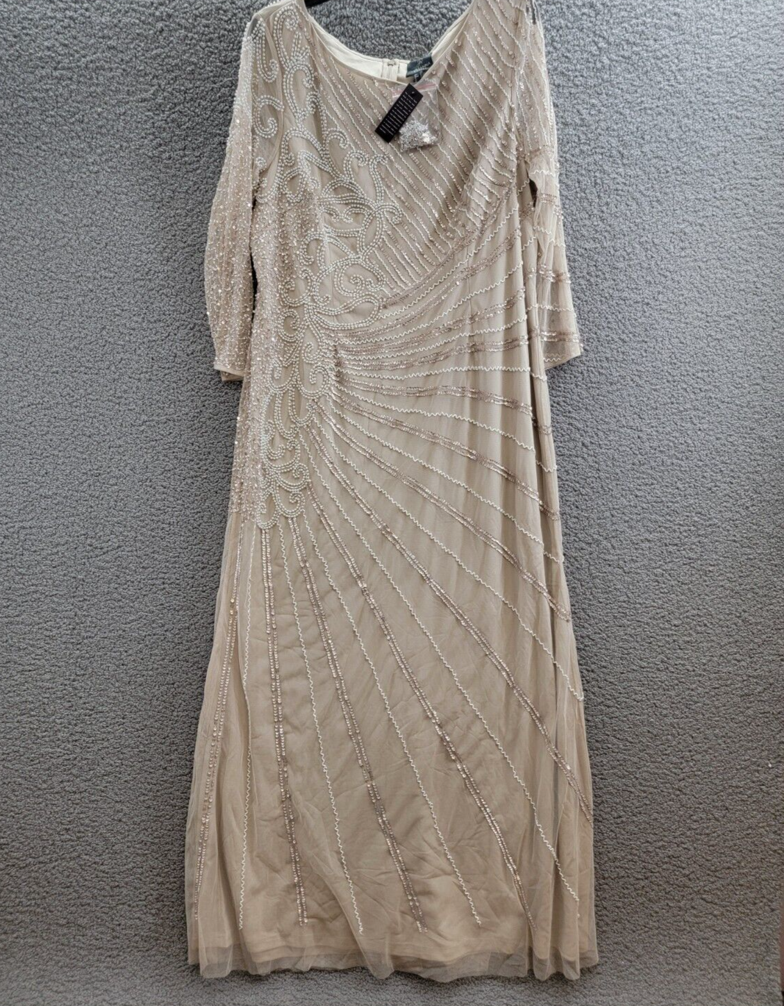 Adrianna Papell Hand-Beaded Three-Quarter Sleeve Long Gown Women's 20 Biscotti - Picture 2 of 18