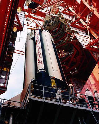 APOLLO 7 FIRST STAGE IS ERECTED ON LAUNCH PAD 34 - 8X10 NASA PHOTO (BB-036)