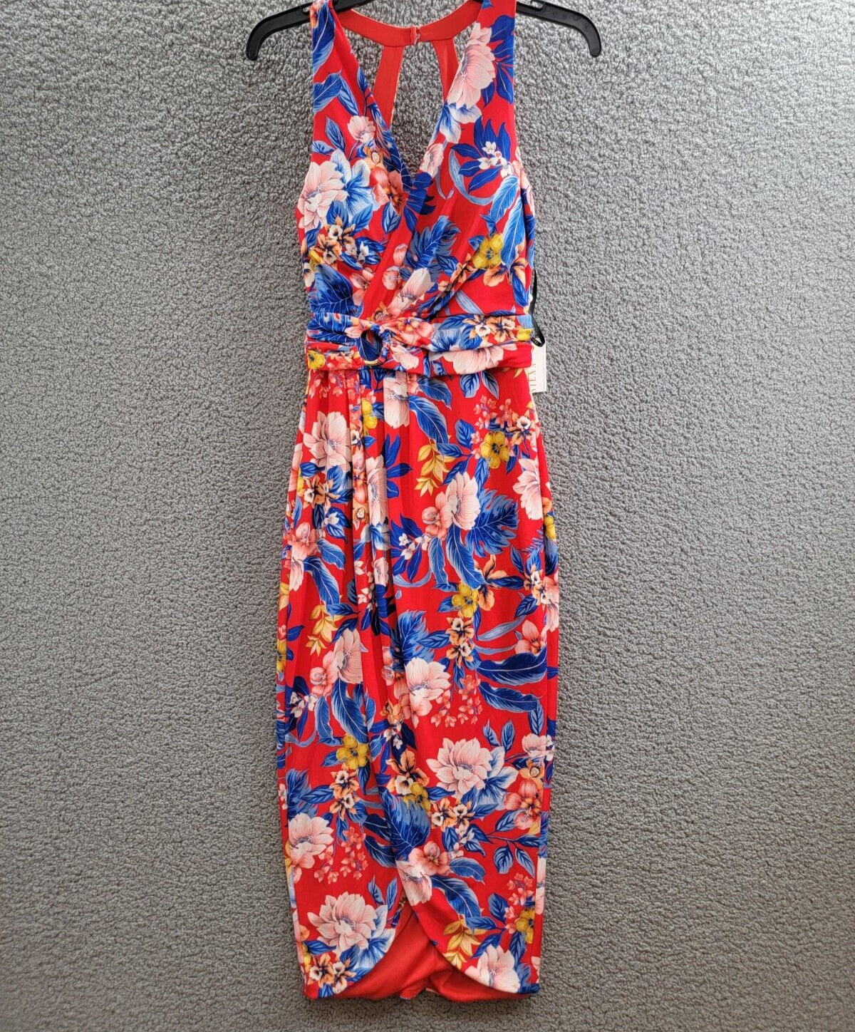 Siena Floral Side-Ruched Sleeveless Midi Dress Women's 2 Red Multi Back Zipped - Picture 2 of 15