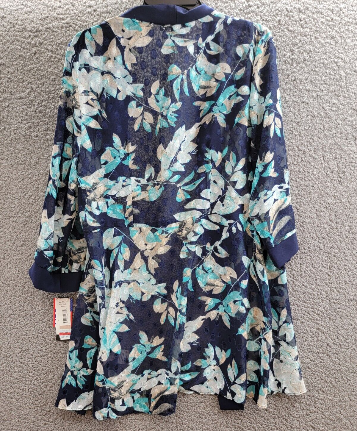 R & M Richards Floral Jacquard Jacket Womens 12 Blue Multi Open Front 3/4 Sleeve - Picture 12 of 16