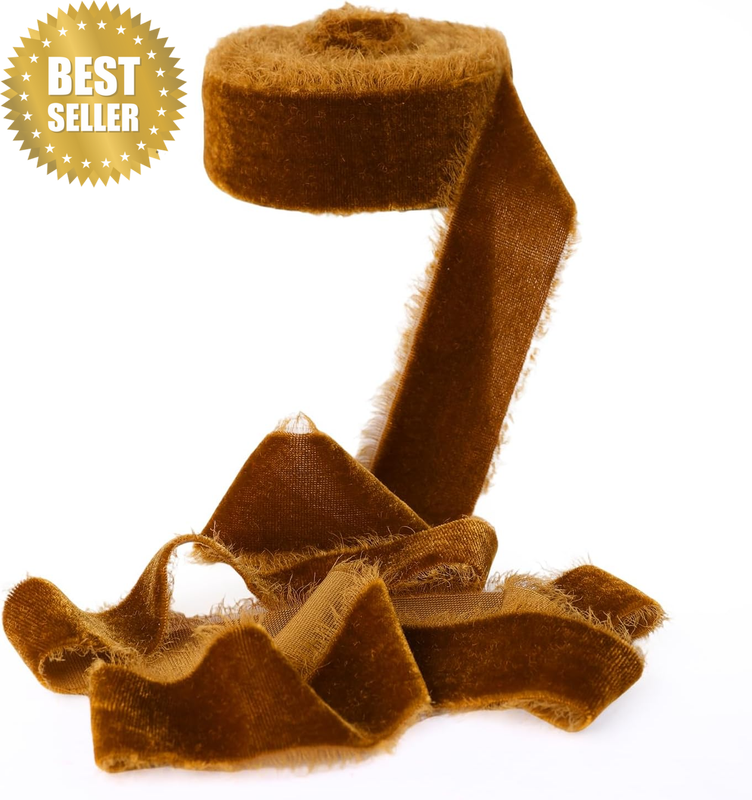 Brown Velvet Ribbon for Christmas Decorations 1.5 Inch 5 Yards Handmade Frayed R