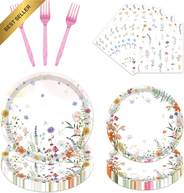 Floral Paper Plates Set - 96PCS Wildflower Party Decorations Supplies Flower Bab