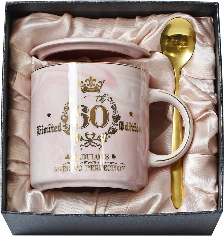 60th Gold Pink Coffee Mug Happy Birthday Gifts for 60 Years Old Women Gift Boxed