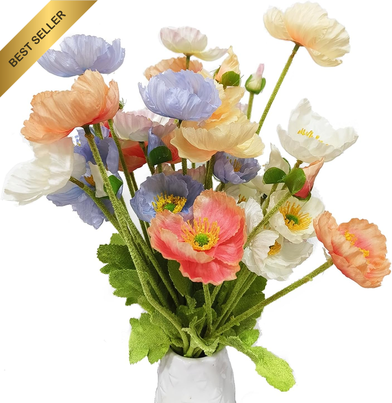 Fake Flowers 8 Pcs Poppies Plastic Flowers Artificial Silk Flower Bouquet for Ho