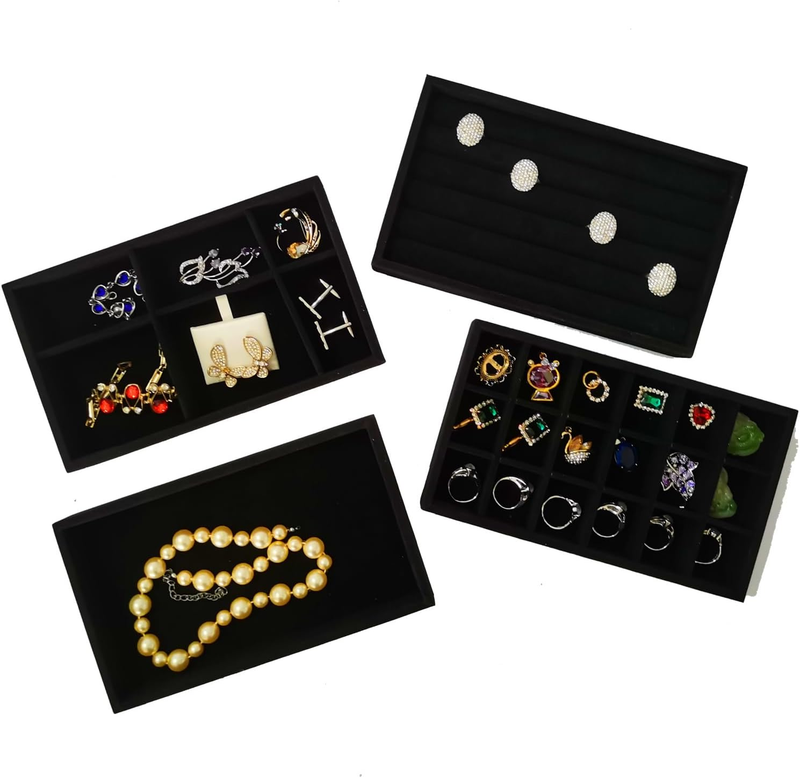Black Velvet Jewelry Trays Stackable Drawer Organizer Ring Ear...