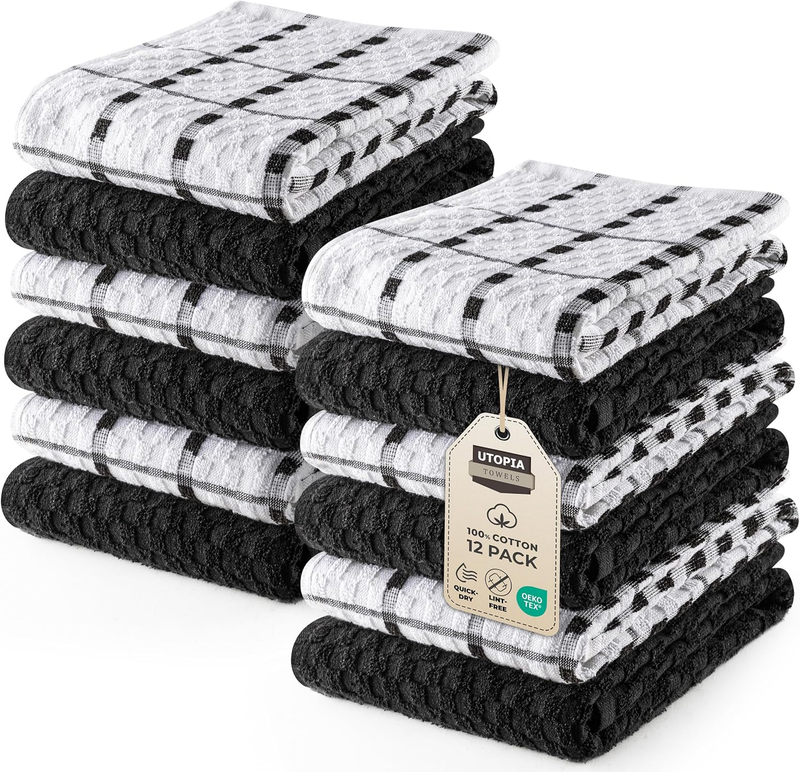 Kitchen Towels, 12 Pack, 15 by 25 Inches, Dobby Weave, 100% Ring Spun Cotton, Su