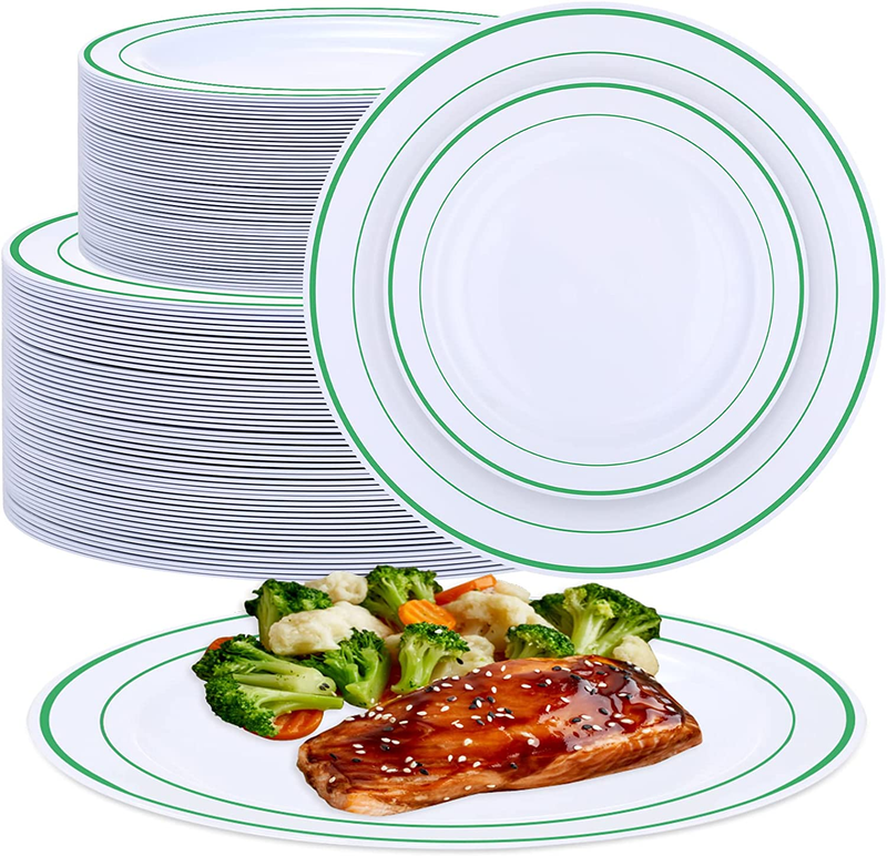 100 Pcs Disposable Dinnerware Set - Plastic Plates for Party - Elegant Green Rim