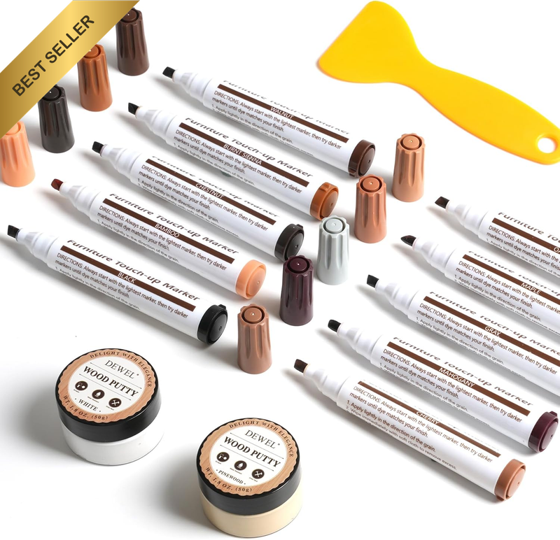 12 Piece Furniture Repair Kit with 10 Markers & 2 Wood Putty for Scratches & Hol