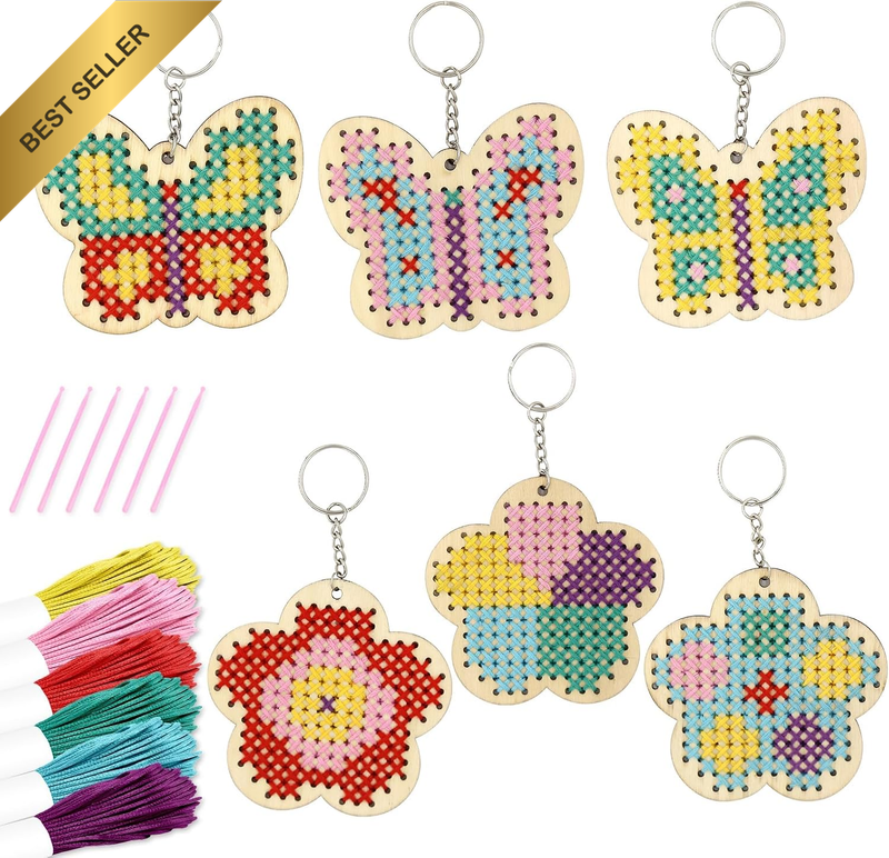 6 Pcs Wooden Cross Stitch Keyring Set for Beginners, Wood Sewing Embroidery Kit