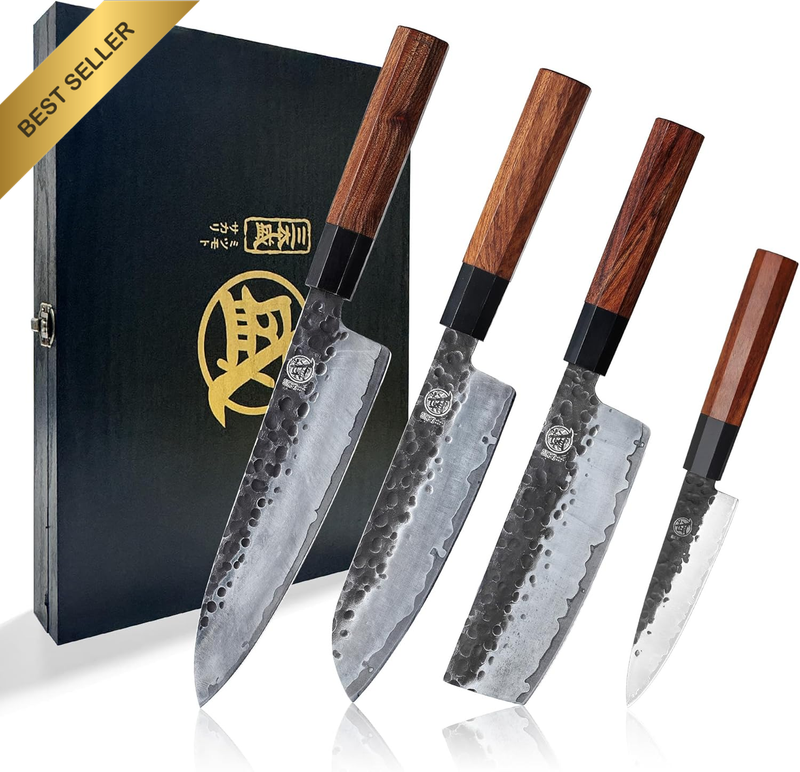 4PCS Japanese Kitchen Knife Set, High Carbon Stainless Steel with Wooden Box