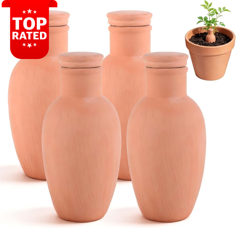 Self Watering Terracotta Pots Set of 4 450ml with Lids Automatic Plant Care