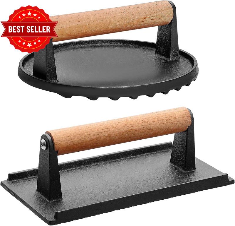 2‑Pack Cast Iron Grill Press, round & Rectangular Smash Burger Press