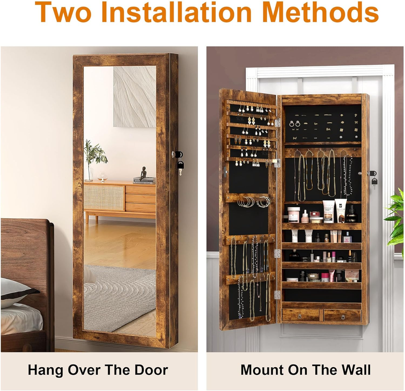 Lockable Wooden Jewelry Cabinet Mirror Cabinet Chest Armoire Wardrobe Storage Or
