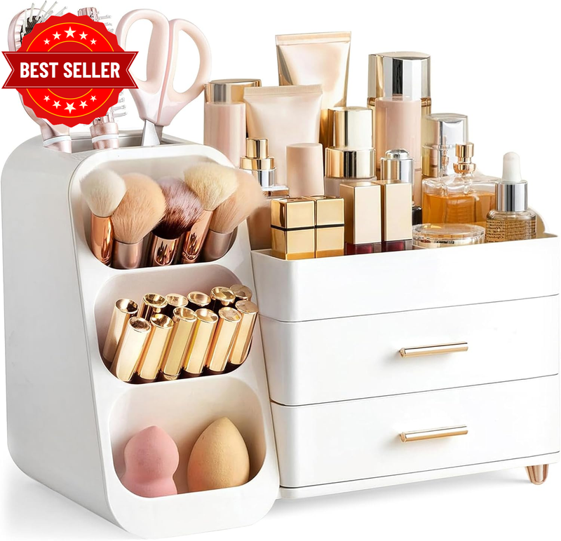Makeup Organizer with Brush Holder for Vanity, Large Plastic Bathroom Countertop