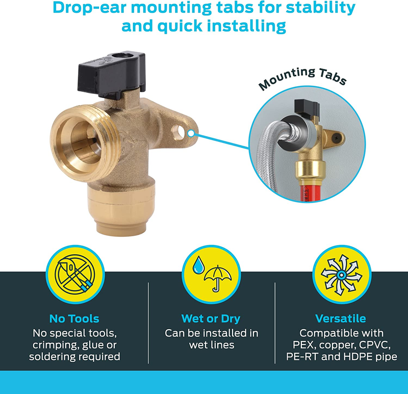 1/2 Inch x 3/4 Inch MHT Washing Machine Angle Valve, Push to Connect Brass Plumb