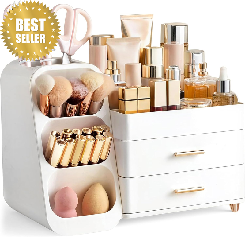Makeup Organizer with Brush Holder for Vanity, Large Plastic Bathroom Countertop