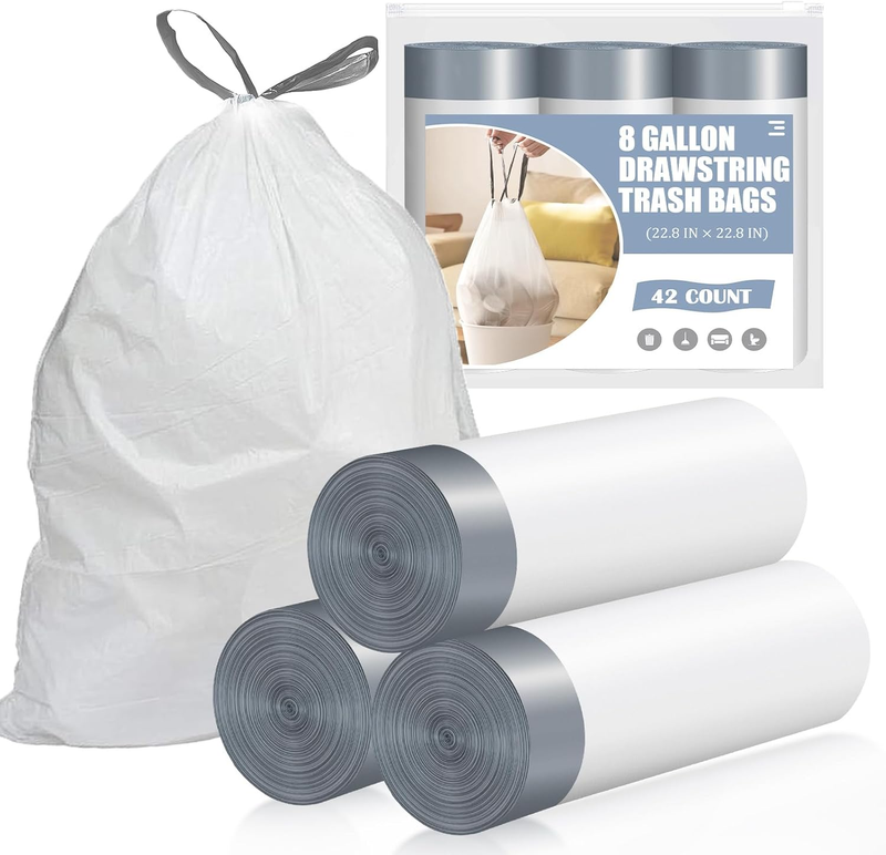 Drawstring 8 Gallon Trash Bags - 42 Count Pre-Separated Medium Trash Bags 8 Gall