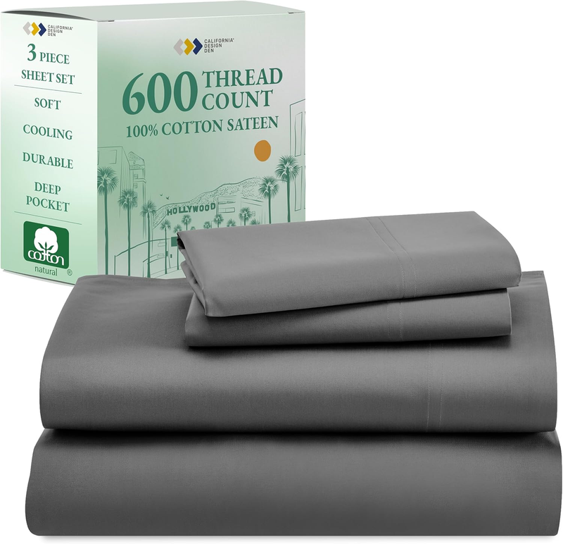 Luxury Twin Sheet Set - 100% Cotton, 600 Thread Count Deep Pocket Twin Sheets, Hotel-Quality Bedding with Soft Sateen Weave - Grey