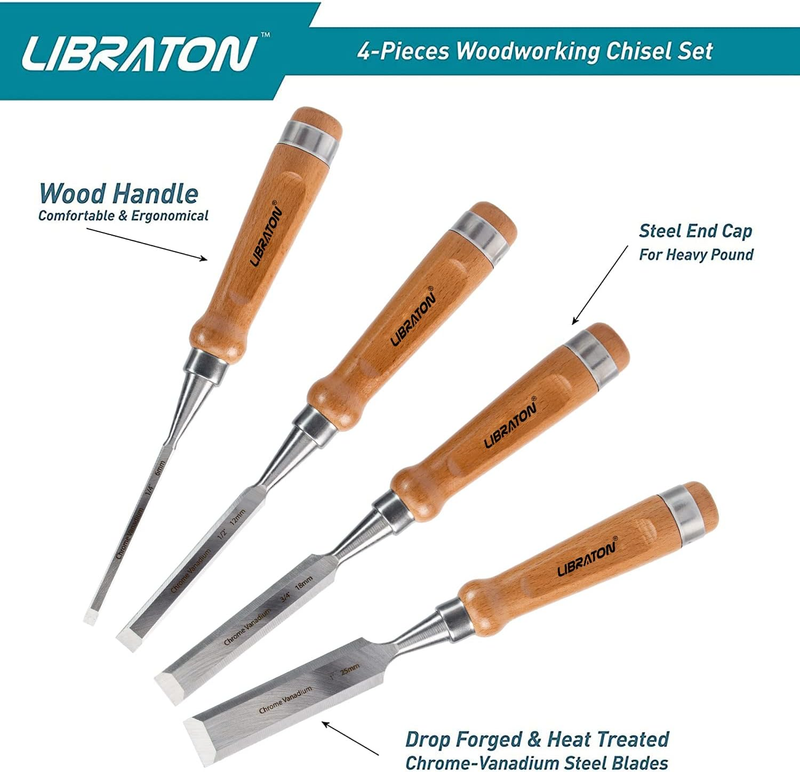 Wood Chisel Set 4PCs, Woodworking Chisels, Chrome Vanadium Steel, Hardwood Handl