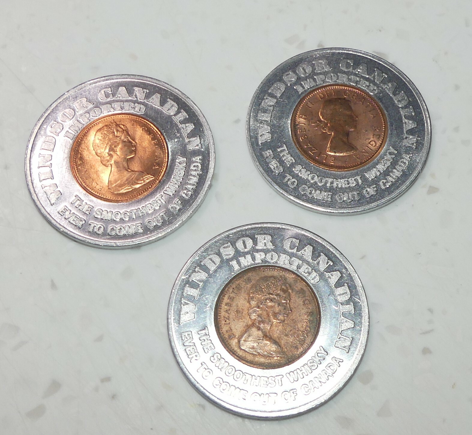 3 Windsor Canadian Whiskey Encased Penny Cent  1964 1966 1968