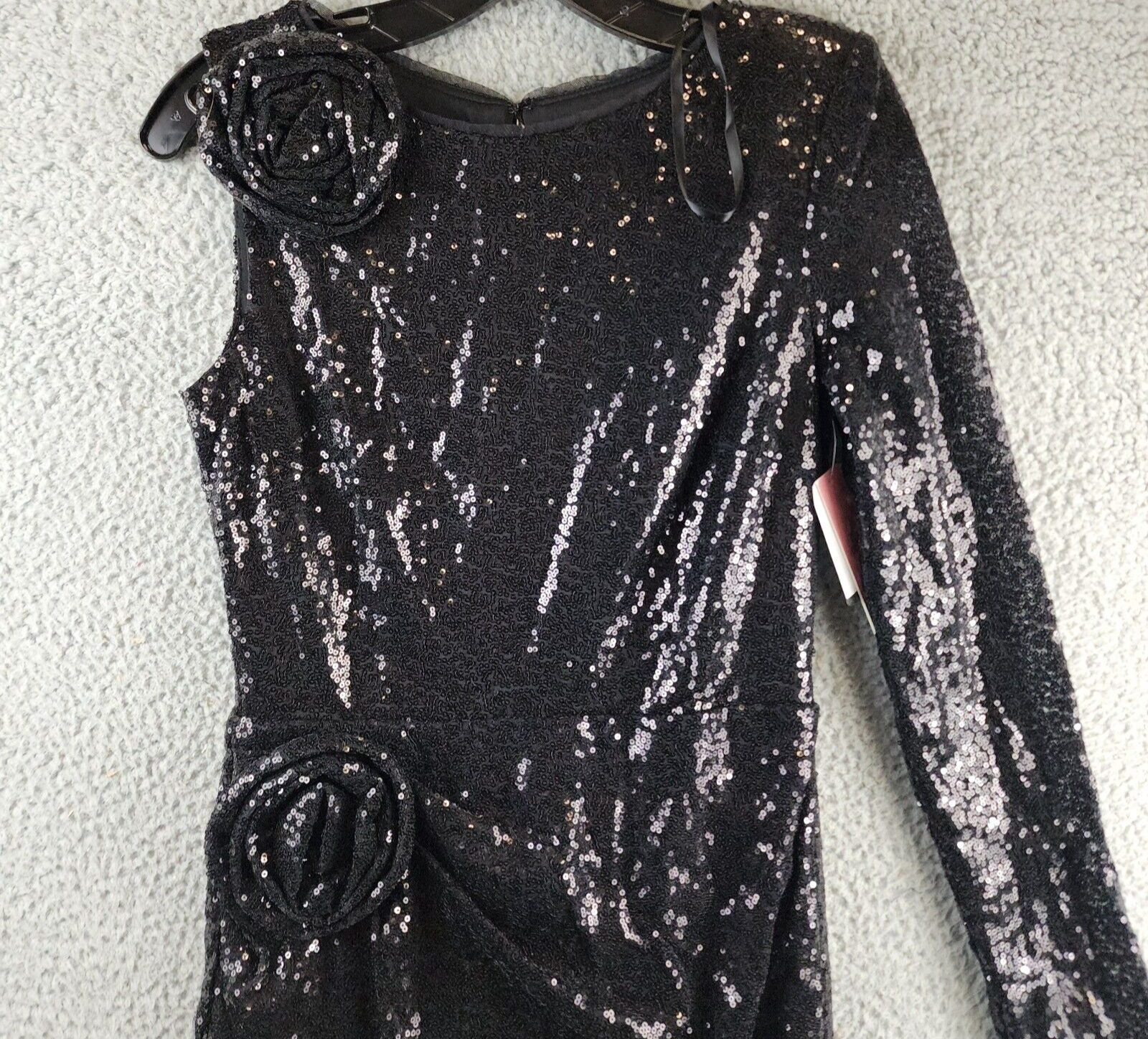 AQUA One Sleeve Sequin Gown Women's 2 Black Rosette Detail Back Zip Closure L/S - Picture 3 of 16