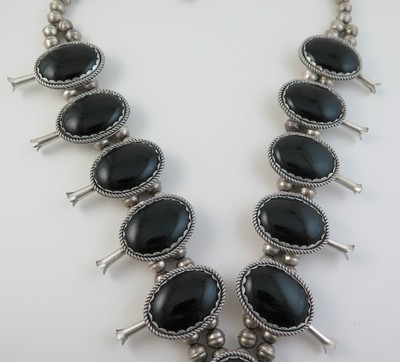 Rare HUGE 286 Gram Sterling Silver & Black Onyx Quality Squash Blossom Necklace