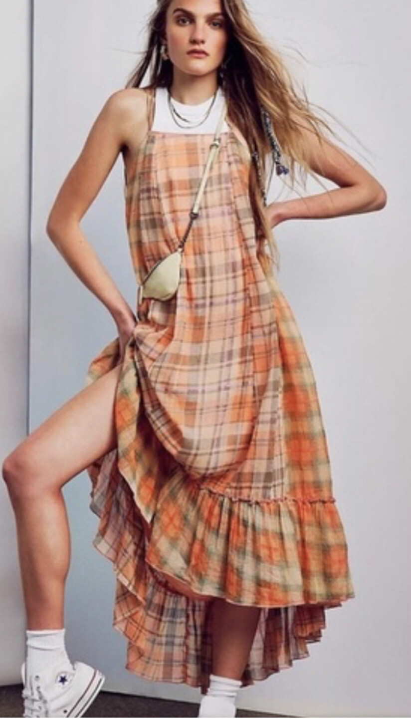 

Платье макси Free People Raine в клетку Оранжевый Зеленый Фиолетовый с рюшами Подол Хай Ло  NWT, Orange green purple