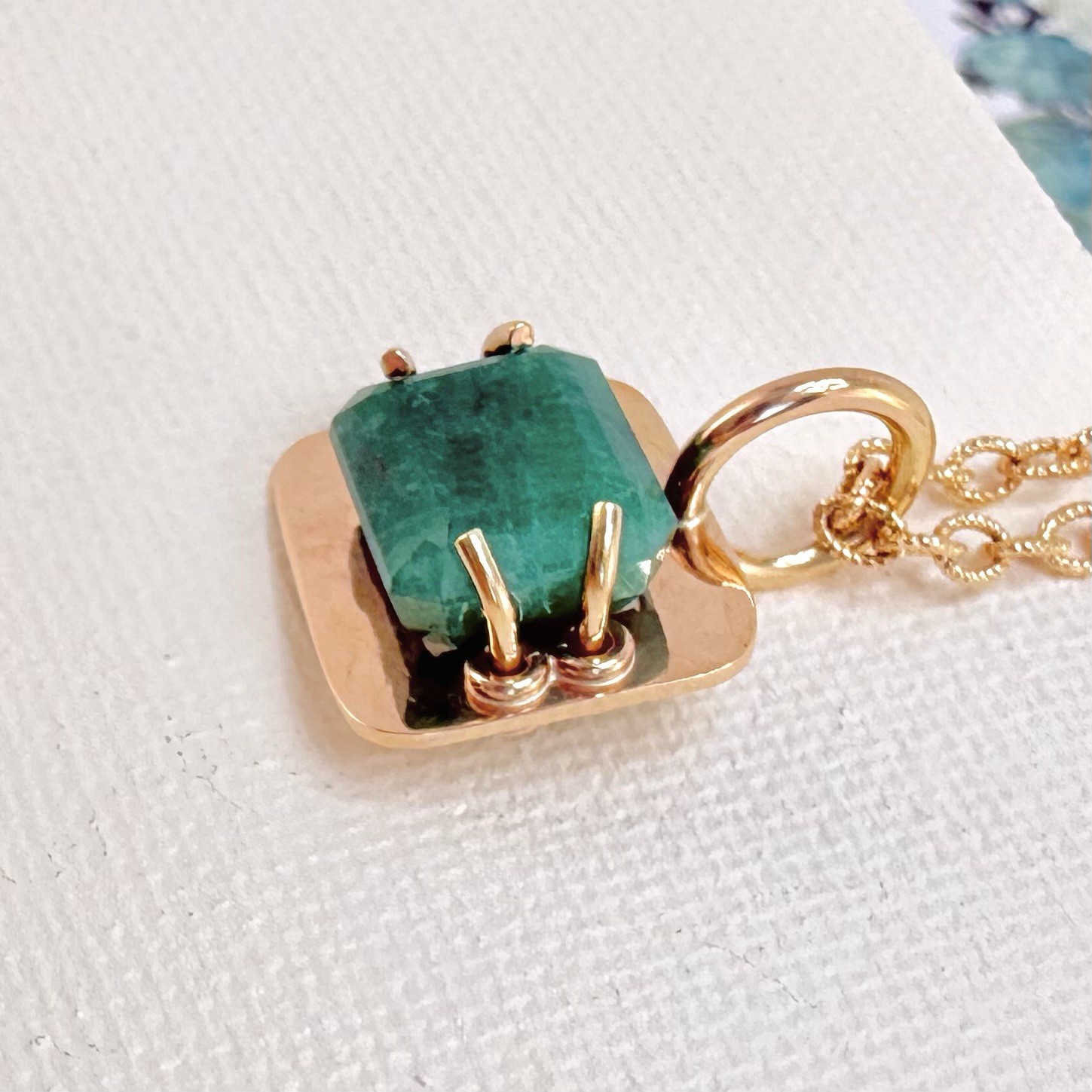 14k Yellow Gold Genuine Emerald Modernist Unisex Pendant, Newly Handcrafted 7ct - Picture 4 of 8