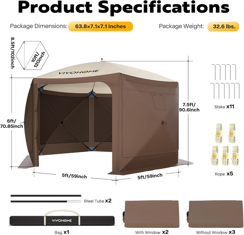 10X10Ft Pop-Up Gazebo Screen Tent, 6-Sided Instant Outdoor Canopy Shelter with L