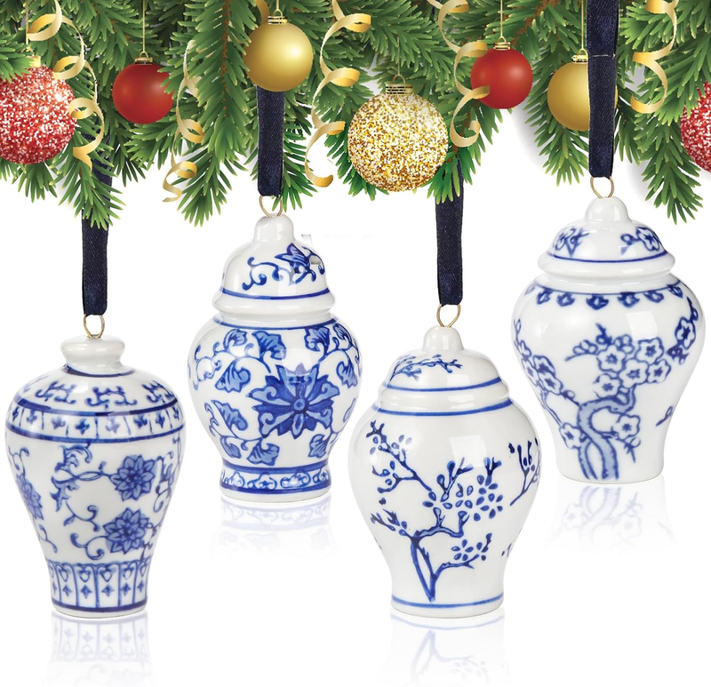 4pcs Mini Ginger Jar Ornaments Blue White Porcelain Chinoiserie Xmas Decoration